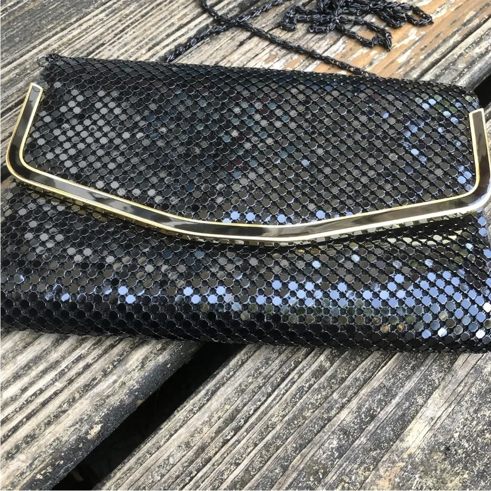 Black Metal Mesh Purse Envelope Clutch Bag Gold Accents Disco Vintage 70s 80s